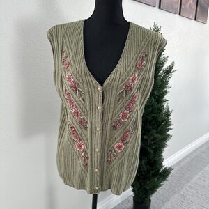 Koret Vintage Sweater Vest Women’s Size‎ Large Green Flower Floral Acrylic Nylon